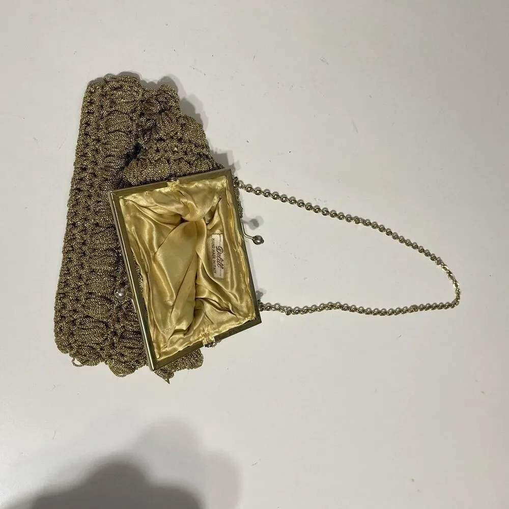 Vintage Delill Shoulder Bag Womens Mini Gold Metallic Crochet Evening Italy